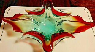 Vintage 1970s Green Red Art Glass Centerpiece - Bowl - Candy Dish - Tray