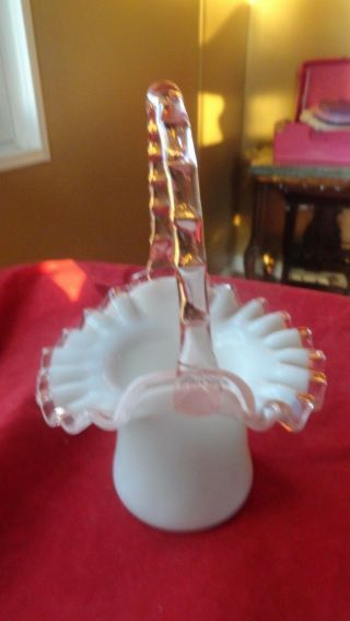 Vintage Fenton Milk Glass Ruffled Hat Basket W/ Pink Handle And Ruffle Trim