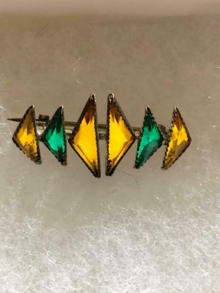 Vintage Geometric Art Deco Green & Yellow Faceted Glass Brooch Pin