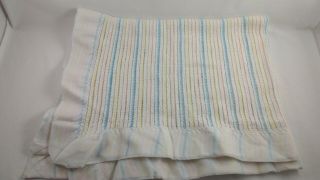 Atkins Baby Blanket White Pink Blue Yellow Stripe Acrylic Nylon Binding Vintage