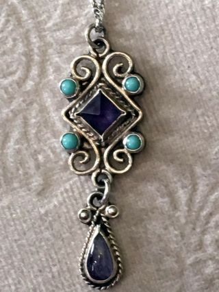 Vintage Taxco Matl Style Mexico Turquoise Amethyst Silver Pendant Necklace 18 "