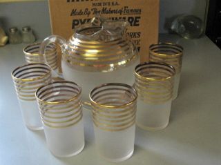Vintage Corning Ware Glass Normandie Beverage Set,  Pitcher & 6 Tumblers & Box