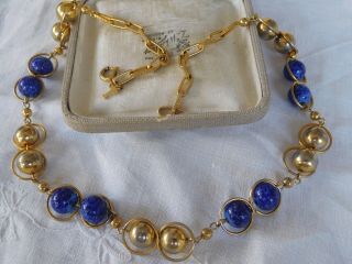 Lovely Vintage 1960s Lapis Glass Gold Chain Necklace By Trifari