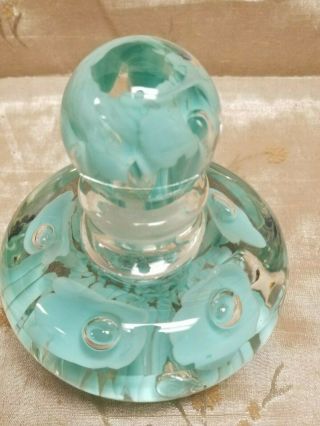 Vintage Joe St.  Clair Blown Art Glass Paperweight & Perfume Bottle Teal Floral