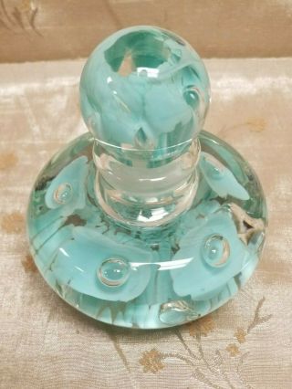 Vintage JOE ST.  CLAIR Blown Art Glass Paperweight & Perfume Bottle Teal Floral 2