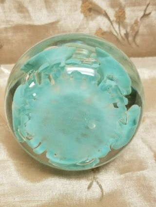 Vintage JOE ST.  CLAIR Blown Art Glass Paperweight & Perfume Bottle Teal Floral 3