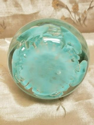 Vintage JOE ST.  CLAIR Blown Art Glass Paperweight & Perfume Bottle Teal Floral 4