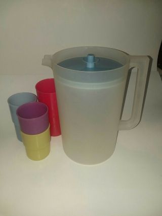 Vintage Tupperware Clear Sheer 1 Gallon Pitcher 1416 Push Button Blue Lid Bb