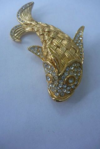 Rare Stunning Vintage Large Christian Dior Gold Plated Rhinestone Fish Pin
