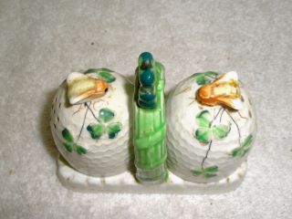 Vintage Figural Salt & Pepper Shakers Bee and Bee Hive Caddy Japan 3