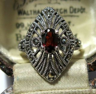Vintage Art Deco Design Sterling Silver Marcasite Garnet Jewellery Ring Size N
