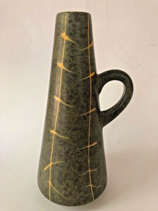Mcm Vintage German Pottery Bud Vase Mottled Green Yellow Modern Shape Handle 7 "