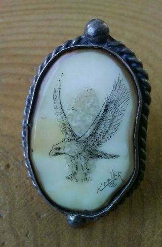 Vintage 1976 Scrimshaw Eagle On Bone Silver Ring By Kurtz Miller Size 10.