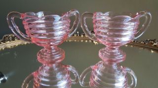 Rare Pair X2 Vintage Pink Depression Glass Sugar Cream Pitcher Htf Beehive Shape