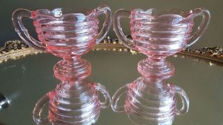 Rare Pair x2 Vintage Pink Depression Glass Sugar Cream Pitcher HTF Beehive Shape 3