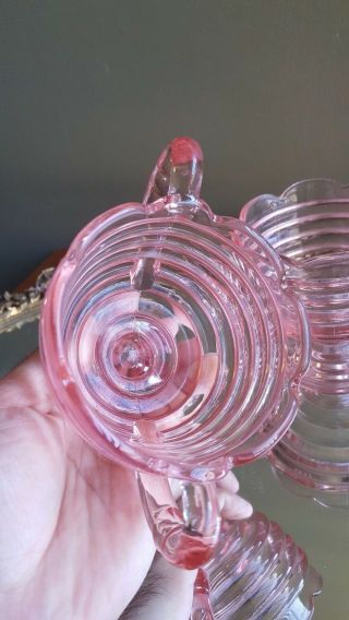 Rare Pair x2 Vintage Pink Depression Glass Sugar Cream Pitcher HTF Beehive Shape 8