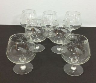 7 Vintage Brandy Snifter Cognac Glass Cocktail Cordial Etched Gray Cut Wheat