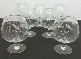 7 Vintage Brandy Snifter Cognac Glass Cocktail Cordial Etched Gray Cut Wheat 2