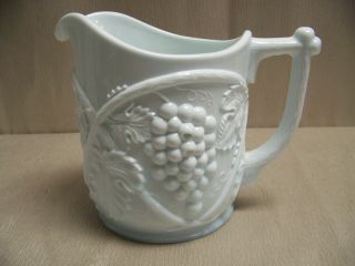 Vintage White Milk Glass Embossed Grape Pitcher With Handle