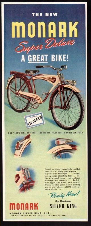 1946 Vintage Print Ad Monark Deluxe Bike Bicycle Silver King