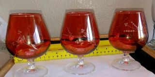 Vintage Set Of 3 Ruby Red Etched Glass Cordial Glasses
