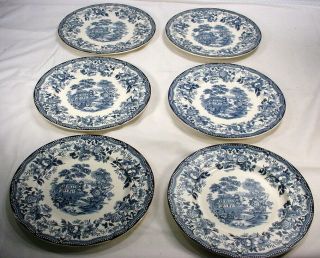 Vintage Set Of 6 Tonquin Royal Staffordshire Clarice Cliff Blue 10 " Dinner Plate