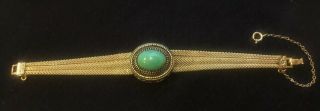 Vintage Gold Tone Mesh And Green Cabochon Bracelet With Safety Chain -