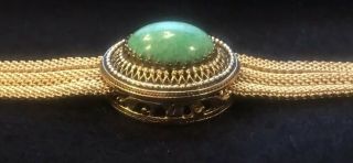 Vintage Gold Tone Mesh and Green Cabochon Bracelet With Safety Chain - 2