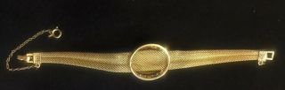 Vintage Gold Tone Mesh and Green Cabochon Bracelet With Safety Chain - 5