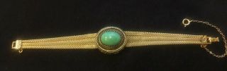 Vintage Gold Tone Mesh and Green Cabochon Bracelet With Safety Chain - 7