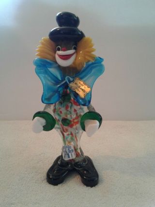 Vintage Murano Glass Clown With Big Blue Bow.