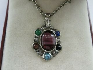 Vintage Signed Miracle Britain Silver Agate Glass Celtic Pendant Necklace