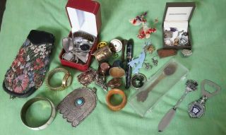 Mixed Broken Jewellery Spoons Watches Metal Ware Miniatures Vintage Interesting