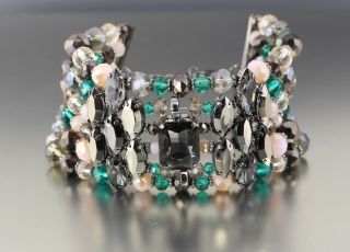 Vintage 80’s Pink,  Green & Gray Crystal Glass Bead Bracelet