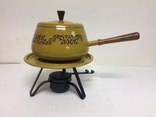 Vintage Harvest Gold Aluminum Fondue Pot With Metal Stand Made In Japan