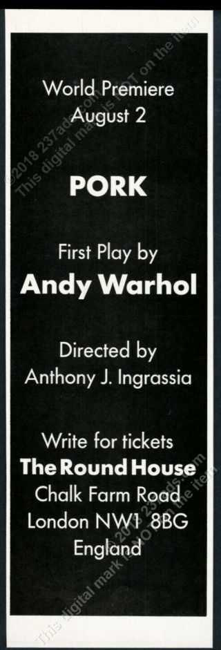1971 Andy Warhol Pork Play World Premiere London Round House Vintage Print Ad