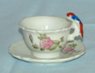 Miniature Porcelain Cup & Saucer Parrot Handle Pink Roses W/gold Vintage Japan