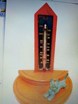 Vintage Wooden Shelf Thermometer With Brass Dog Statue
