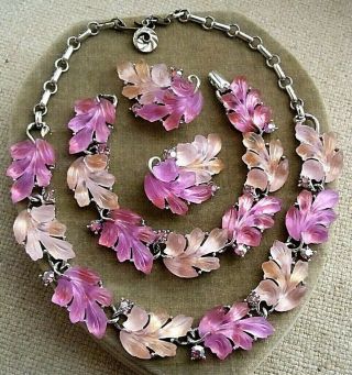 Vintage Lisner Moon Glow Purple Pink Leaf Lucite Necklace Bracelet Earring Set 2