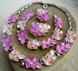 Vintage Lisner Moon Glow Purple Pink Leaf Lucite Necklace Bracelet Earring Set 3