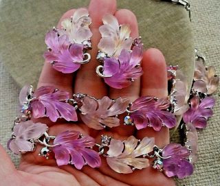 Vintage Lisner Moon Glow Purple Pink Leaf Lucite Necklace Bracelet Earring Set 4