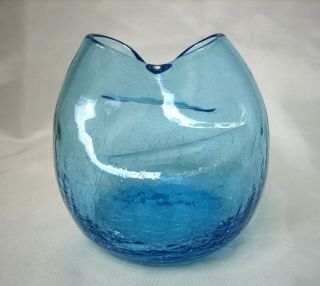 Vintage Blenko Indented Pinched Blue Crackle Glass Vase Mid Century Modern