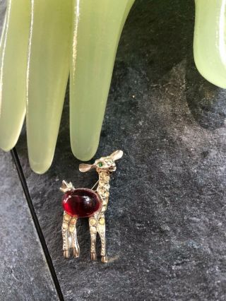 Vintage 1 3/4 " Silvertone Red Cabochon Beaded Clear Rhinestone Deer Pin - Zk