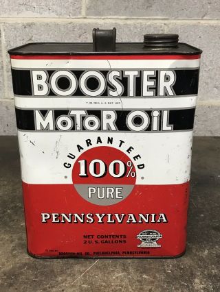 Vintage Booster Motor Oil 100 Pure 2 Gallon Can Gas Oil Empty Pennsylvania Pa