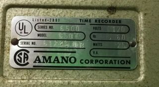 VTG Amano Punch Time Clock model 6507 Keeps Time - Does Not Punch Cards - Decor 5