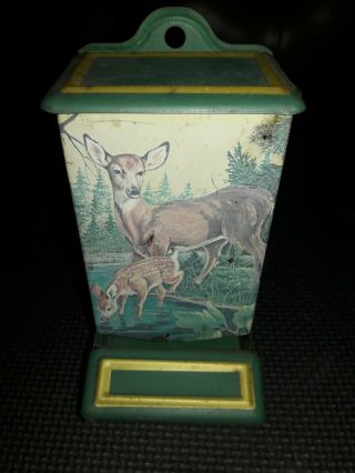 Vintage Jasco Hong Kong Tin Wall Mount Match Box Holder Doe And Spotted Fawn
