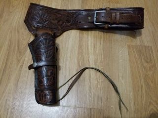 Vintage Hand Tooled Brown Leather Gun Holster Size 38 - 44 " Waist