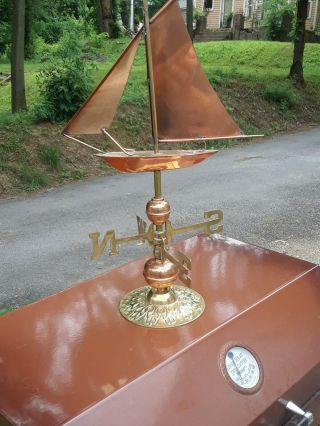Vintage Copper Brass Sailboat Weathervane W/stand Nautical Desk Garden Decor
