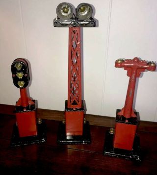3 Vintage Red Railroad Train Light Towers Marx 1950’s ?