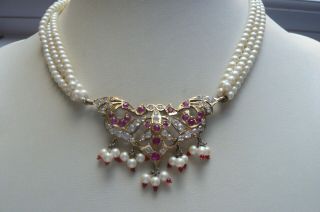Vintage White Sapphire,  Ruby,  22 Carat Gold And Silver Indian Wedding Necklace